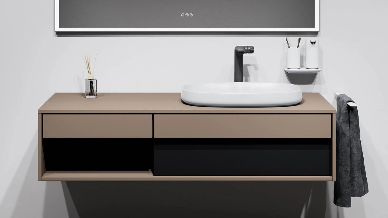 FOR Odivis Konsolenanlage Waschtischunterschrank bicolor Schilfufer matt / Lavafeld matt