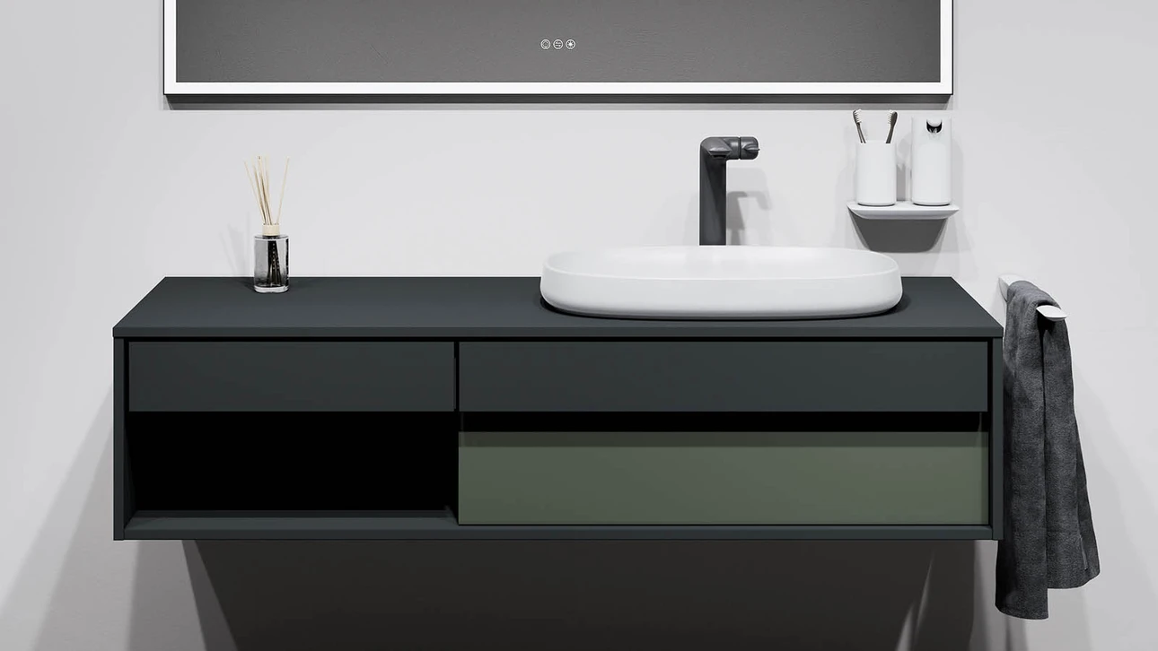 FOR Odivis Konsolenanlage Waschtischunterschrank bicolor Nachthimmel matt / Olivenhain matt