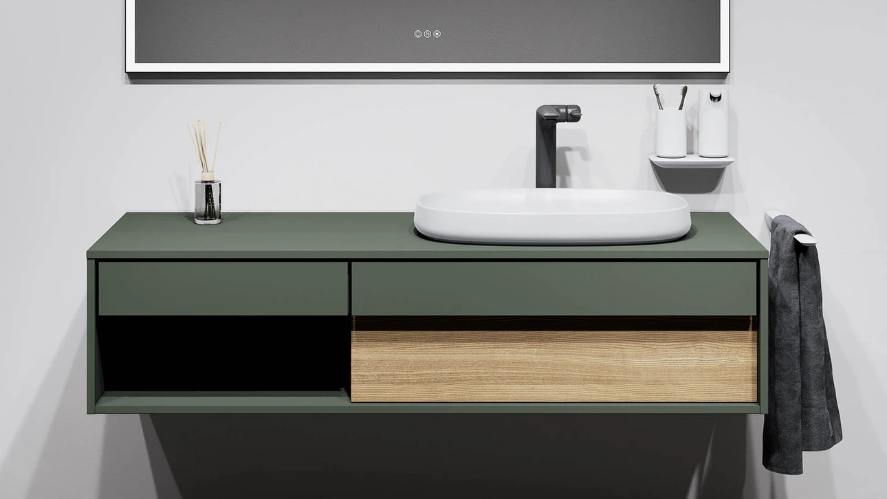 FOR Odivis Konsolenanlage Waschtischunterschrank bicolor Olivenhain matt / Eiche natur