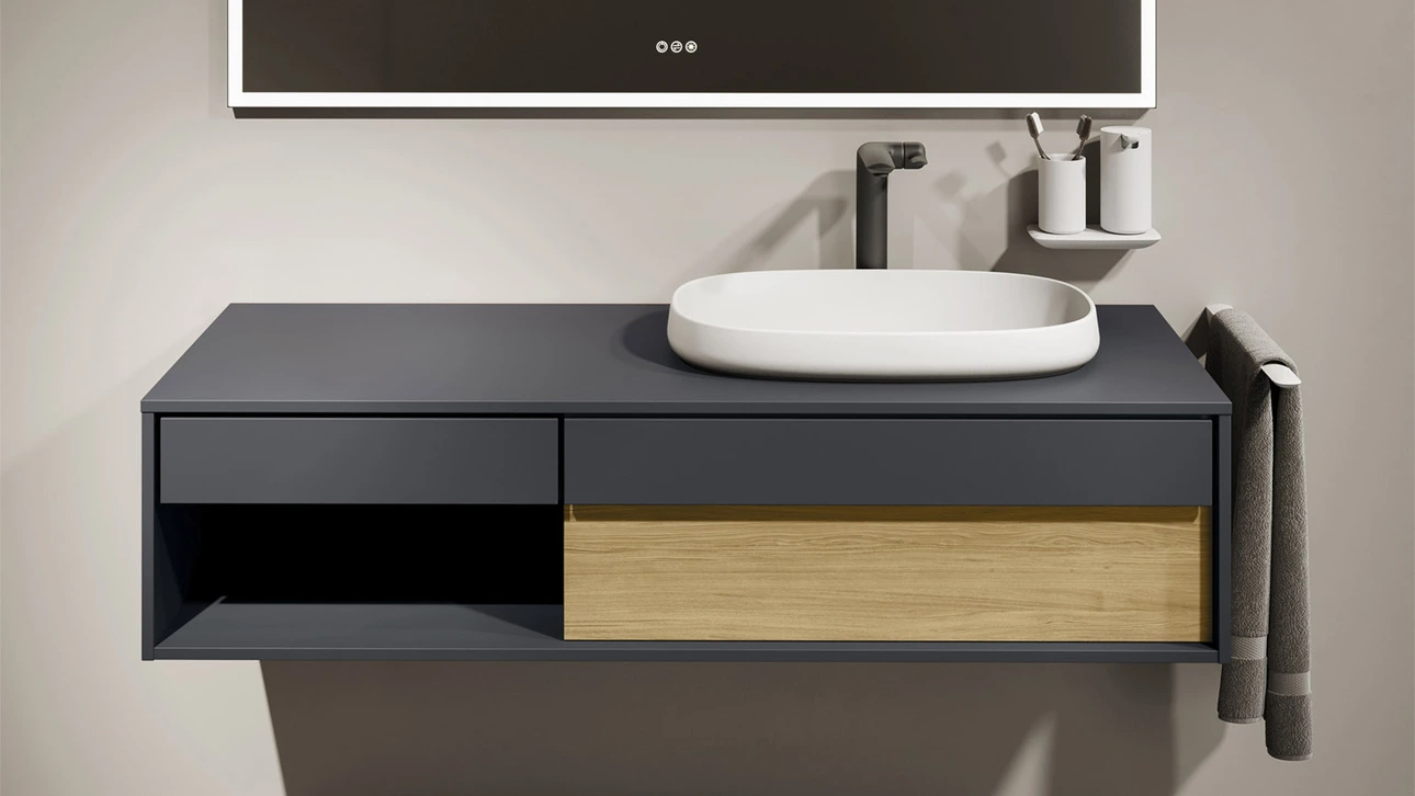 FOR Odivis Konsolenanlage Waschtischunterschrank bicolor Nachthimmel matt / Eiche natur