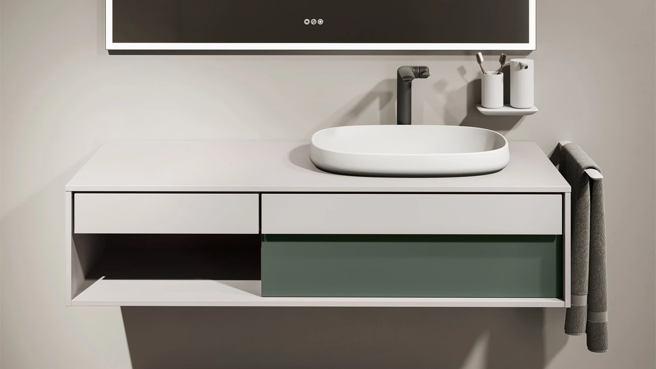 FOR Odivis Konsolenanlage Waschtischunterschrank bicolor Salzsee matt / Olivenhain matt