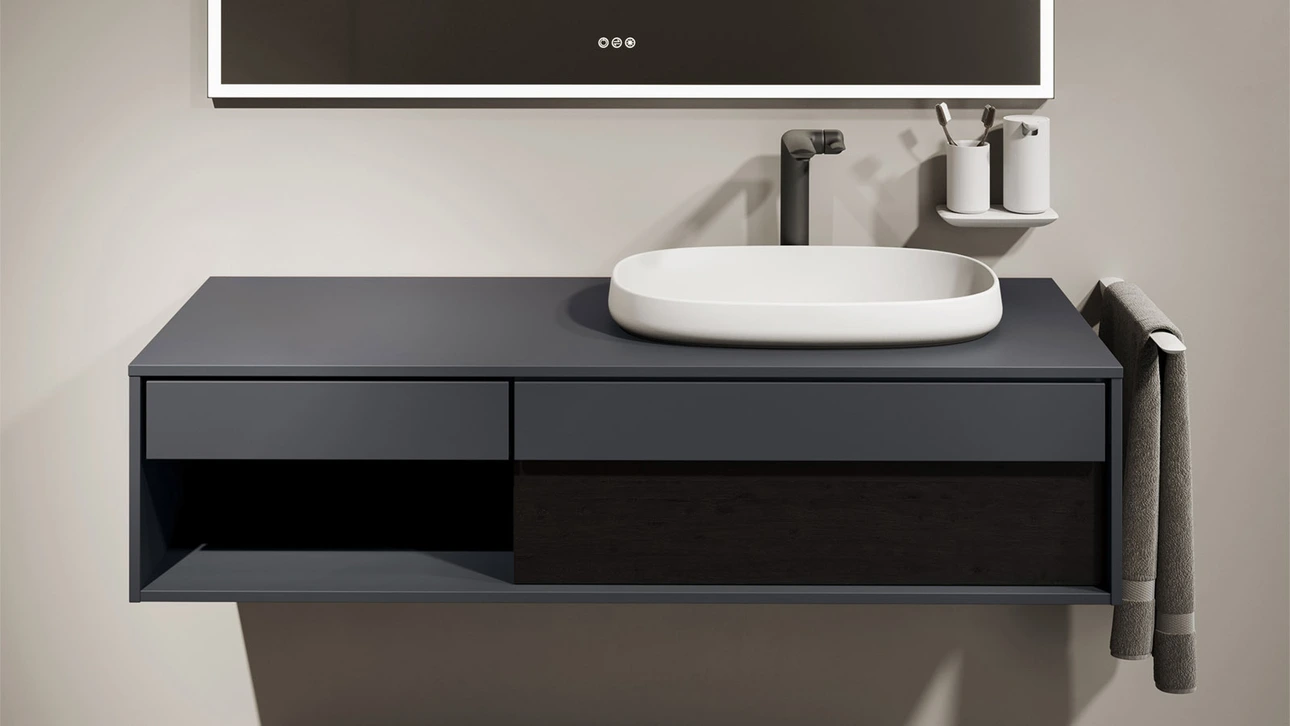 FOR Odivis Konsolenanlage Waschtischunterschrank bicolor Nachthimmel matt / Eiche schwarz