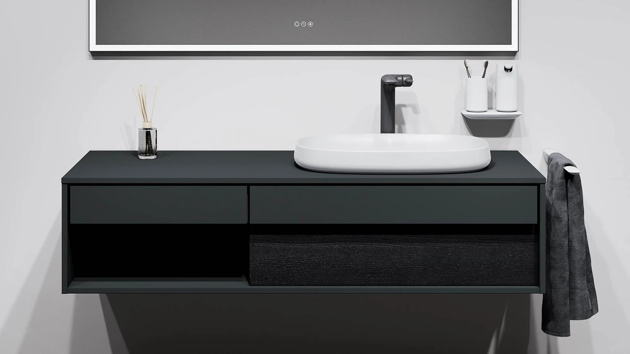 FOR Odivis Konsolenanlage Waschtischunterschrank bicolor Nachthimmel matt / Eiche schwarz