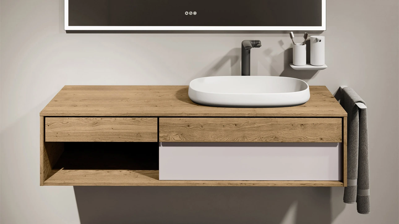 FOR Odivis Konsolenanlage Waschtischunterschrank bicolor Asteiche natur / Salzsee matt