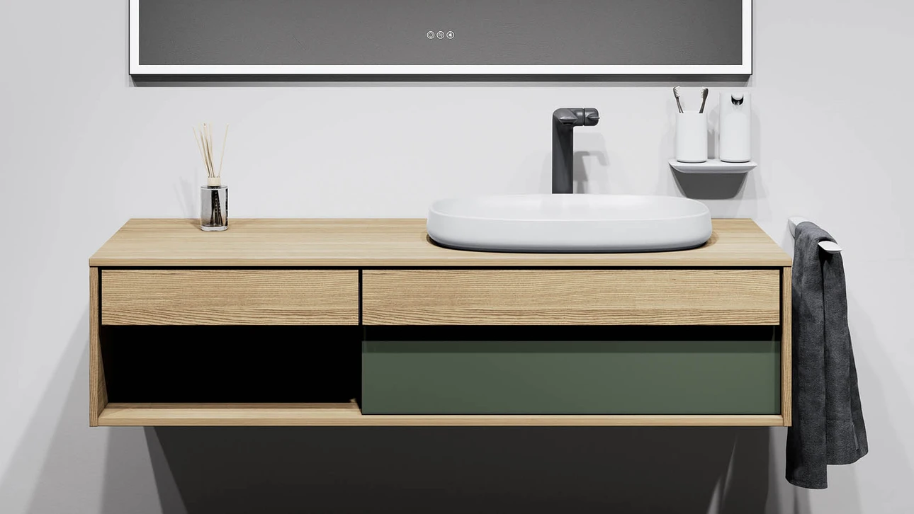 FOR Odivis Konsolenanlage Waschtischunterschrank bicolor Eiche natur / Olivenhain matt