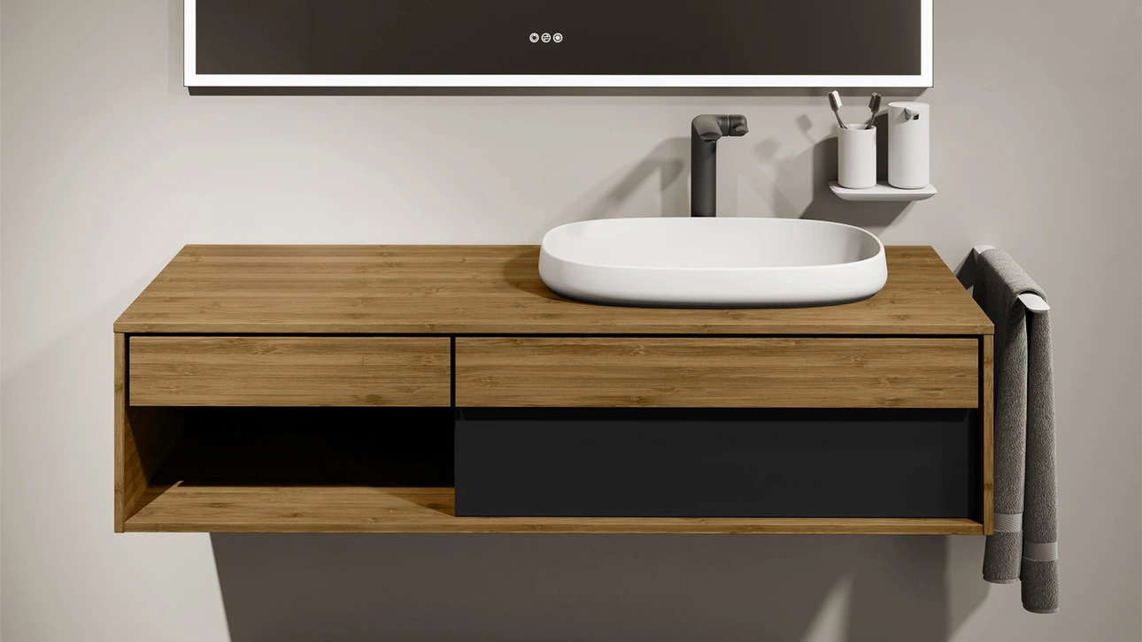 FOR Odivis Konsolenanlage Waschtischunterschrank bicolor Bambus natur / Lavafeld matt