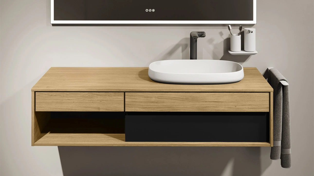 FOR Odivis Konsolenanlage Waschtischunterschrank bicolor Eiche natur / Lavafeld matt