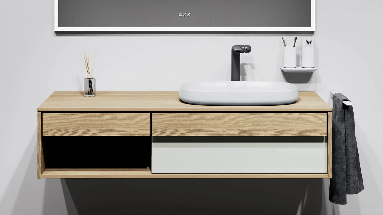 FOR Odivis Konsolenanlage Waschtischunterschrank bicolor Eiche natur / Salzsee matt