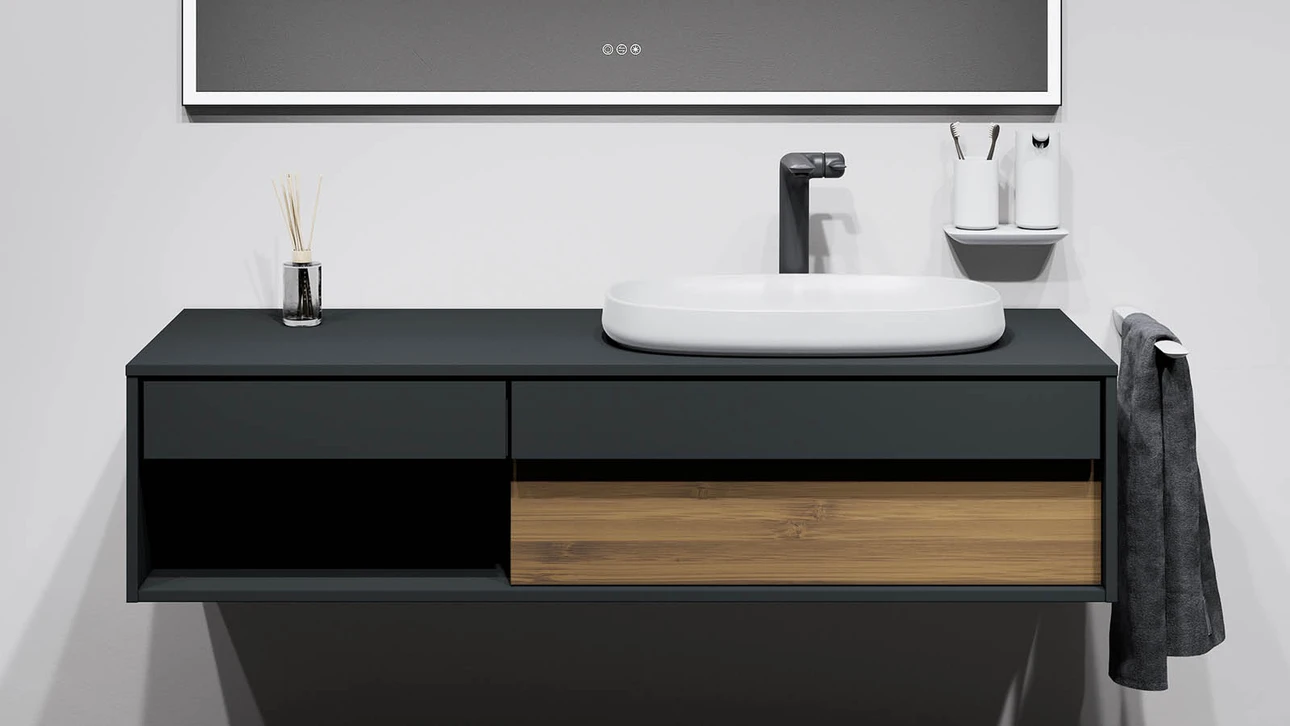 FOR Odivis Konsolenanlage Waschtischunterschrank bicolor Nachthimmel matt / Bambus natur