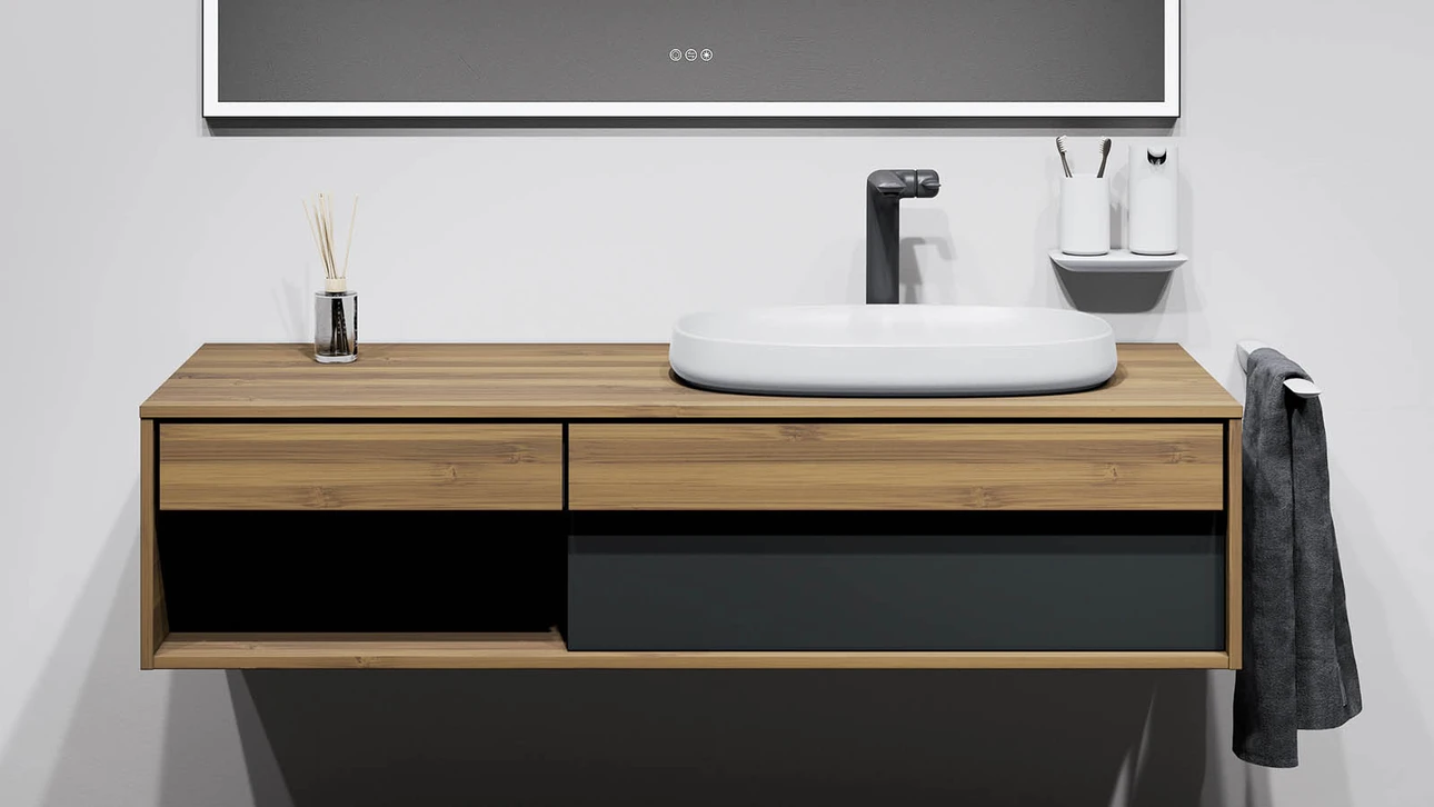 FOR Odivis Konsolenanlage Waschtischunterschrank bicolor Bambus natur / Nachthimmel matt