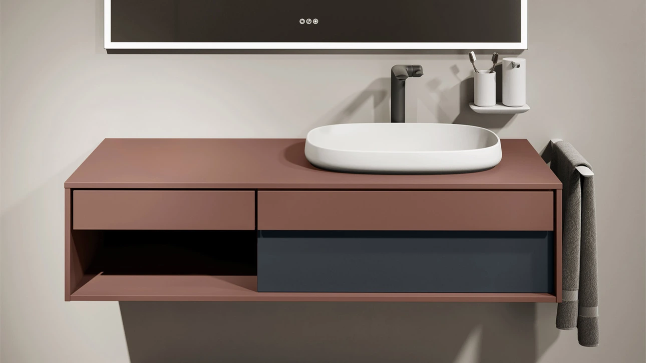 FOR Odivis Konsolenanlage Waschtischunterschrank bicolor Herbstwald matt / Nachthimmel matt