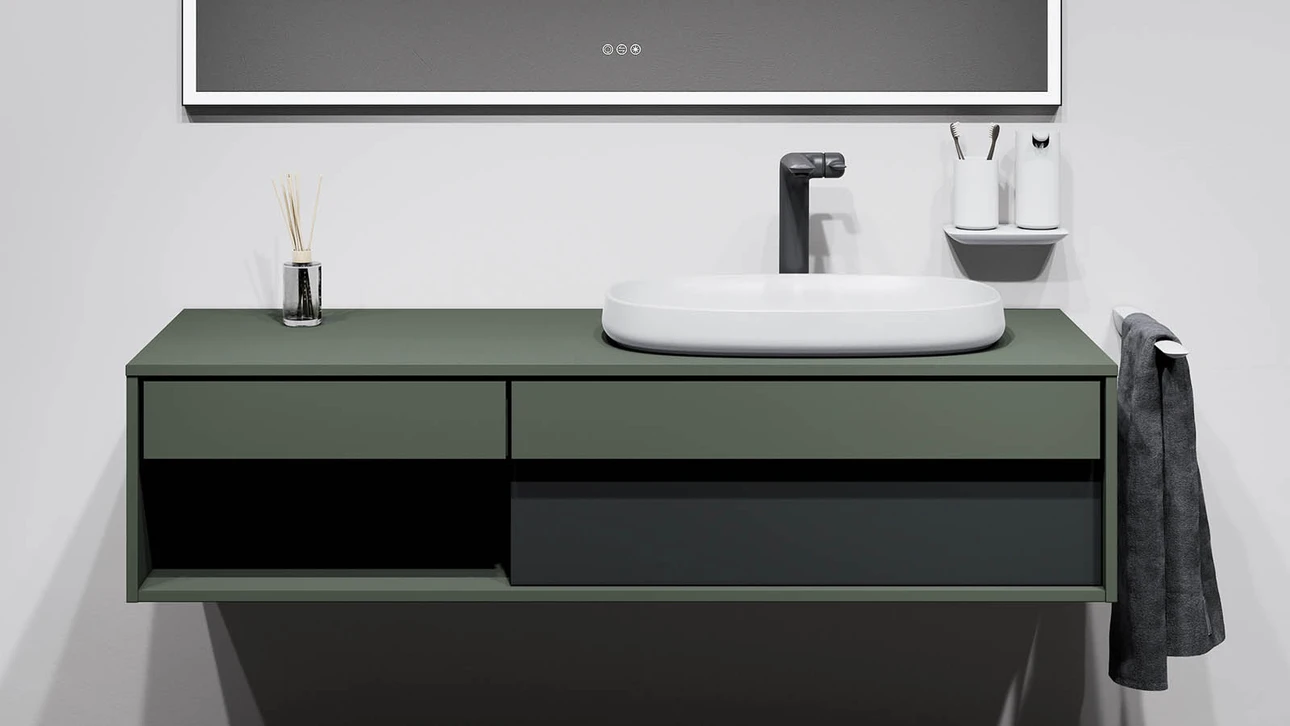 FOR Odivis Konsolenanlage Waschtischunterschrank bicolor Olivenhain matt / Nachthimmel matt
